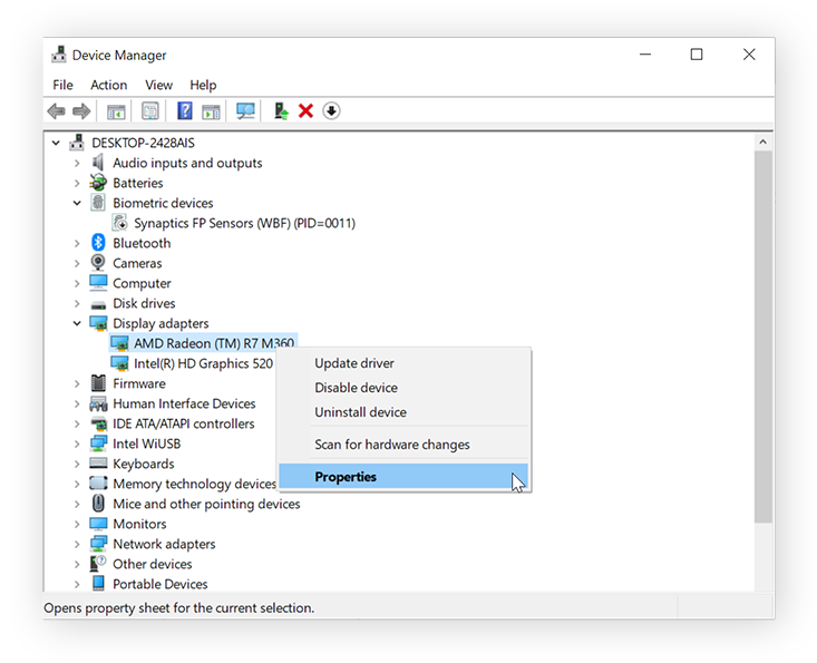 คลิกขวาที่อุปกรณ์ที่สงสัย (เช่น Display Adapter)
เลือก Properties
