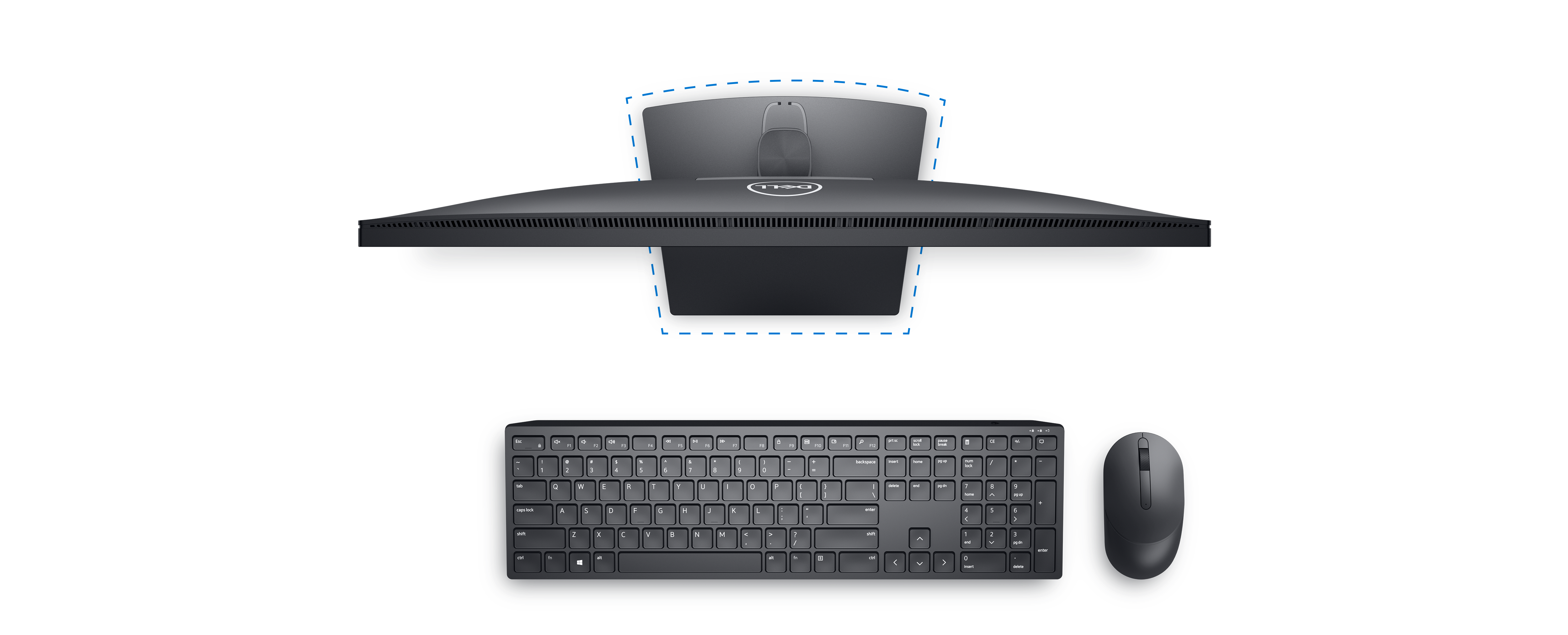 Picture of a Dell E2723H Monitor with a Dell keyboard and mouse seen from above. 