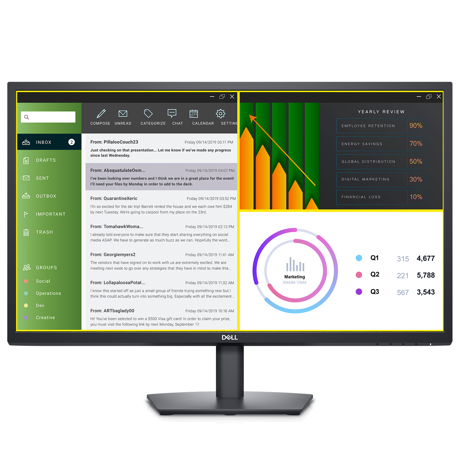 Picture of a Dell E2723H Monitor with two dashboards, and an email inbox and on the screen. 