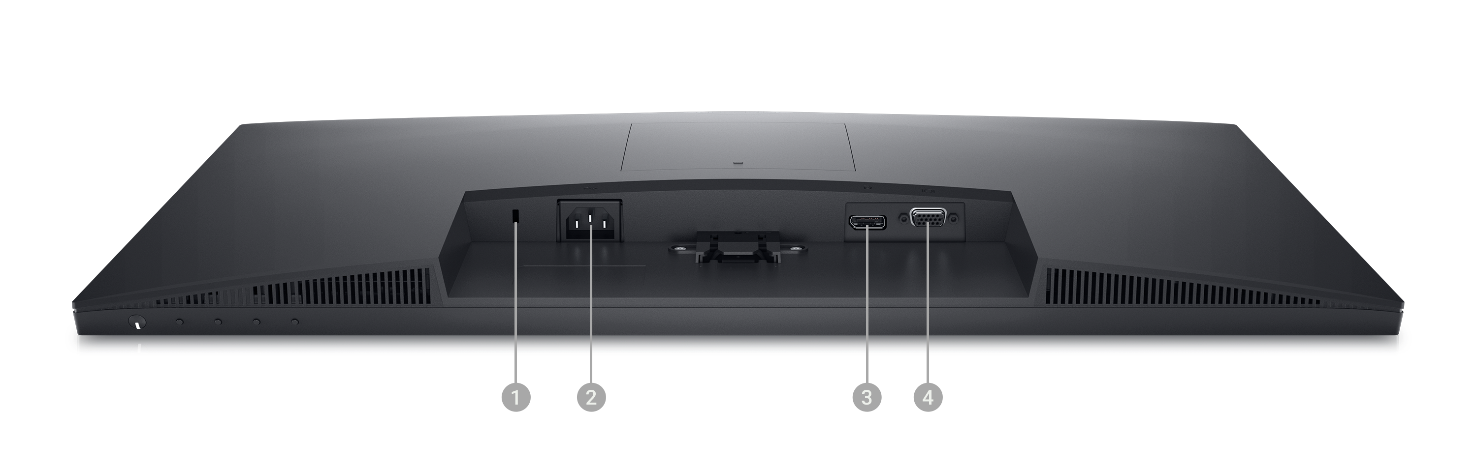 Picture of a Dell E2723H Monitor with the screen down and numbers from 1 to 4 showing the ports available below the product.